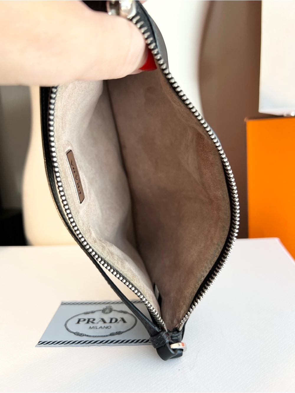 Prada Black & Silver Leather wristlet/pouch beige suede inside. 🌟Offers welcome! - Picture 13 of 14